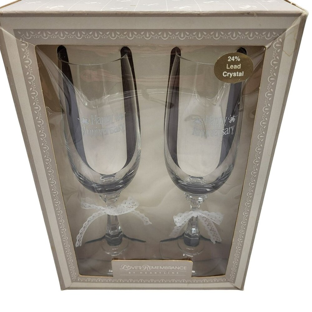 Vintage Heartline Happy Anniversary Toasting Glasses Lead Crystal Lace Ribbon